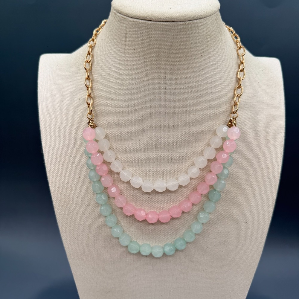 Pink Mint White Beaded Triple Strand Gold Tone Necklace Coquette Y2K Statement